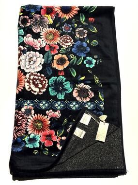 Johnny Was Evening Palace Beach Towel 40x70” Black Floral Flowers NWT